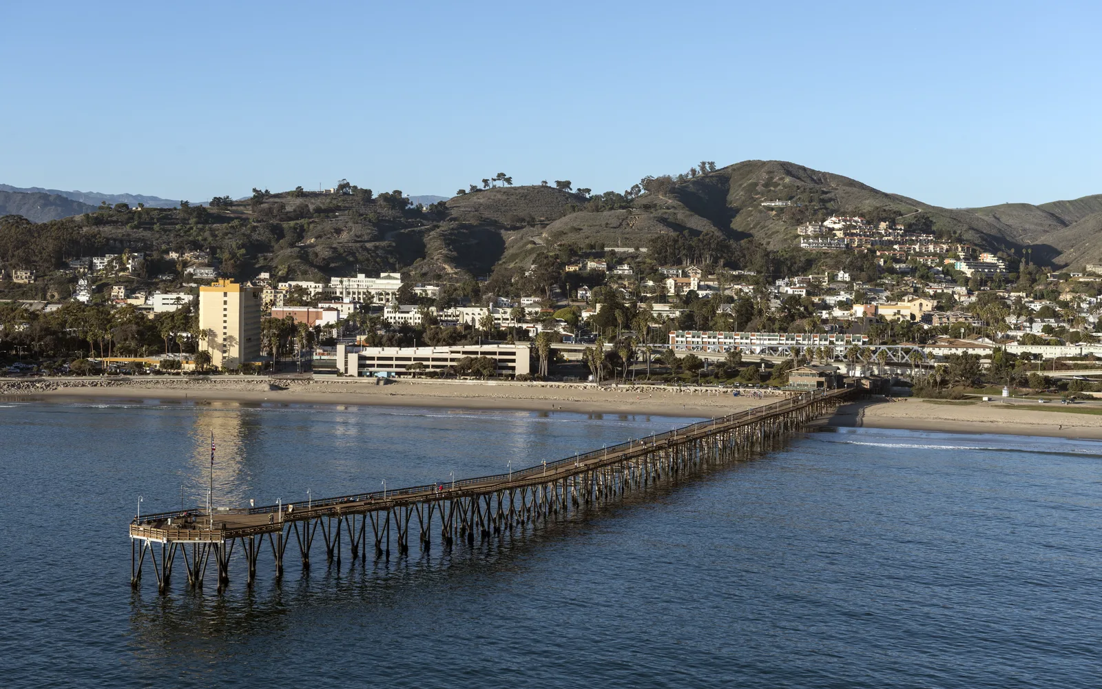 Aerial view of Ventura Pier extending into the Pacific Ocean